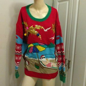 ❤️Santa on VACA Hooked Up Embroidery Leather Sequins UGLY CHRISTMAS SWEATER SZ L